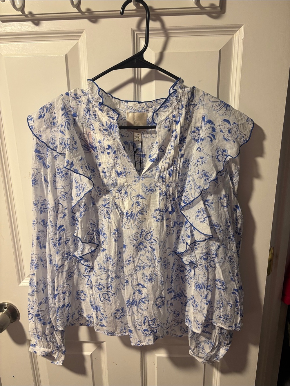 White and Blue Floral Ruffle Blouse - Women's Lightweight Top
